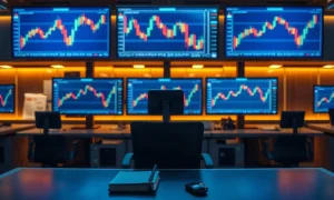 Trading desk with three monitors showing abstract charts after a heavy options session
