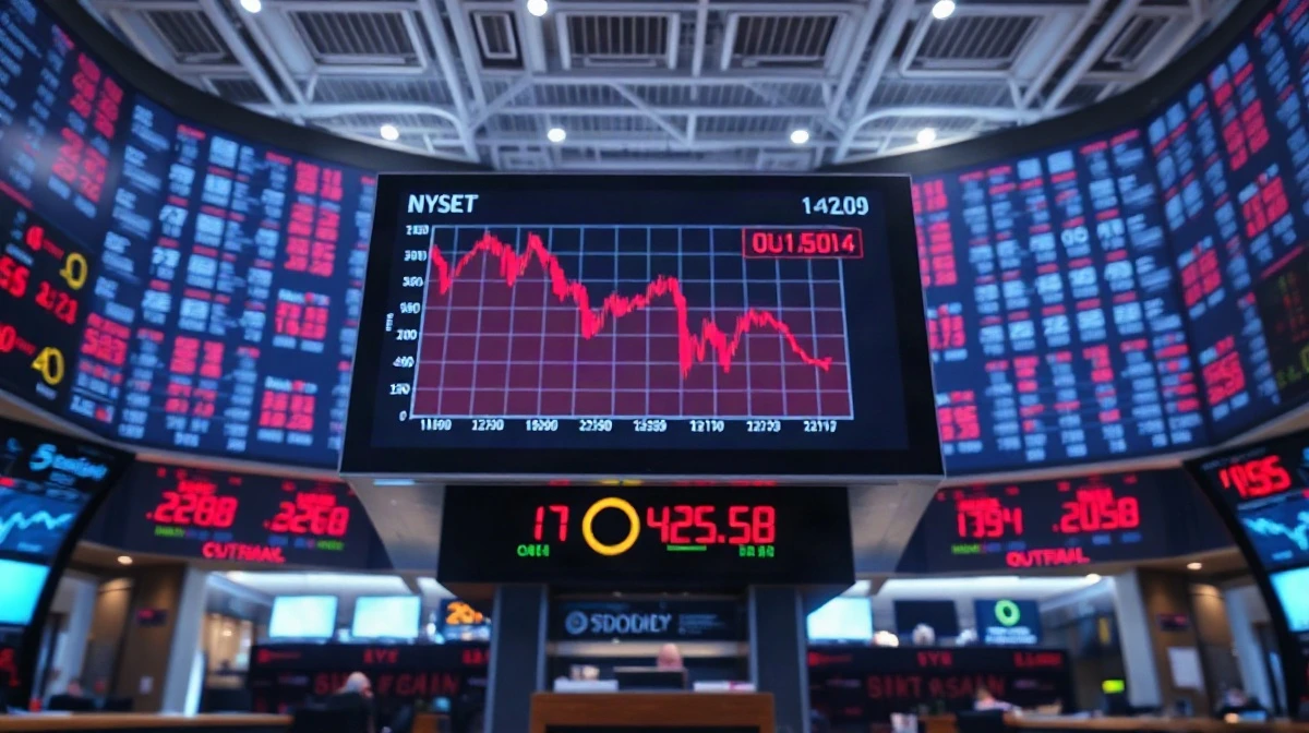 Stock market display showing a downward trend and red numbers indicating an ETF outflow.