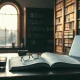 Stack of handwritten mathematical proof pages on a library table beside a closed laptop in warm evening light
