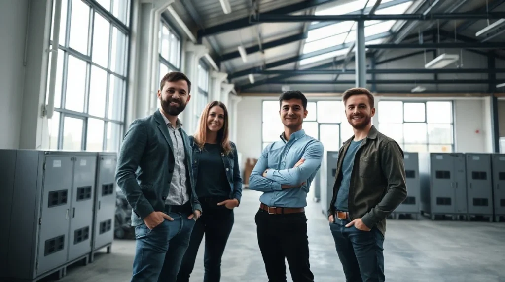Furo co-founders Lena Sophia Voß, Simon Wittner and Leonie Wagner in their Munich office discussing battery storage software