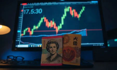 GBP/JPY currency pair chart analysis with British Pound and Japanese Yen banknotes