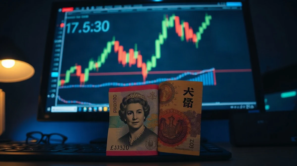 GBP/JPY currency pair chart analysis with British Pound and Japanese Yen banknotes