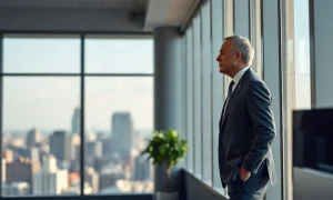 General Mills executive overlooking city skyline, symbolizing strategic portfolio shift
