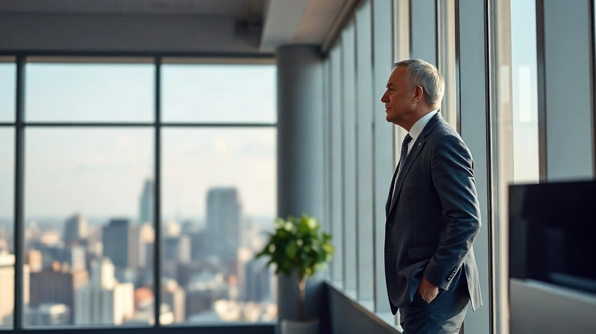 General Mills executive overlooking city skyline, symbolizing strategic portfolio shift