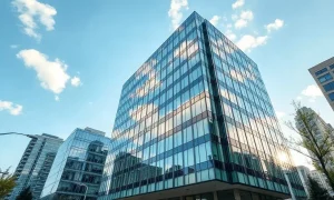 Exterior view of a modern glass office building representing Google's headquarters in a story about its antitrust case.