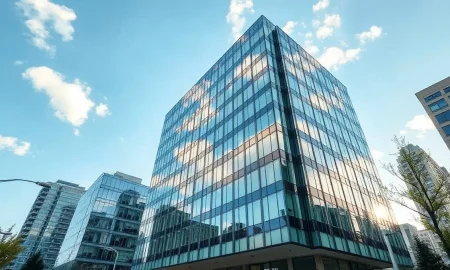 Exterior view of a modern glass office building representing Google's headquarters in a story about its antitrust case.