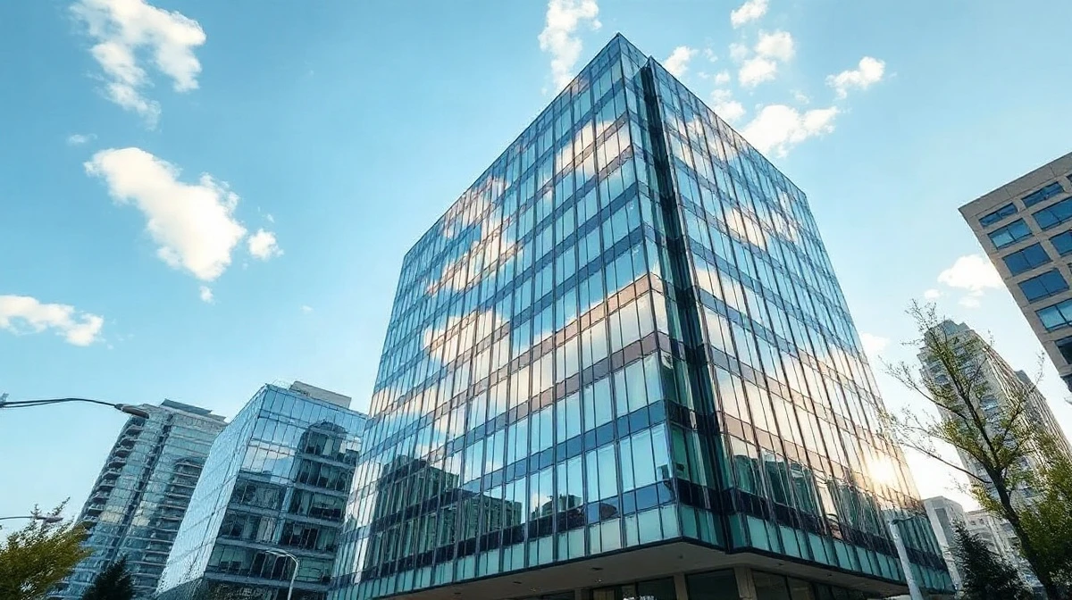 Exterior view of a modern glass office building representing Google's headquarters in a story about its antitrust case.