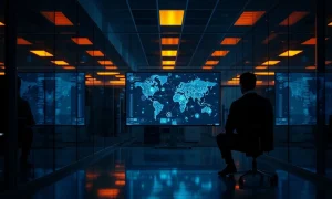 A dimly lit cybersecurity lab with an analyst watching a network diagram on a large monitor