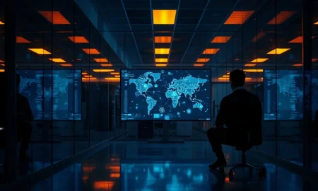 A dimly lit cybersecurity lab with an analyst watching a network diagram on a large monitor