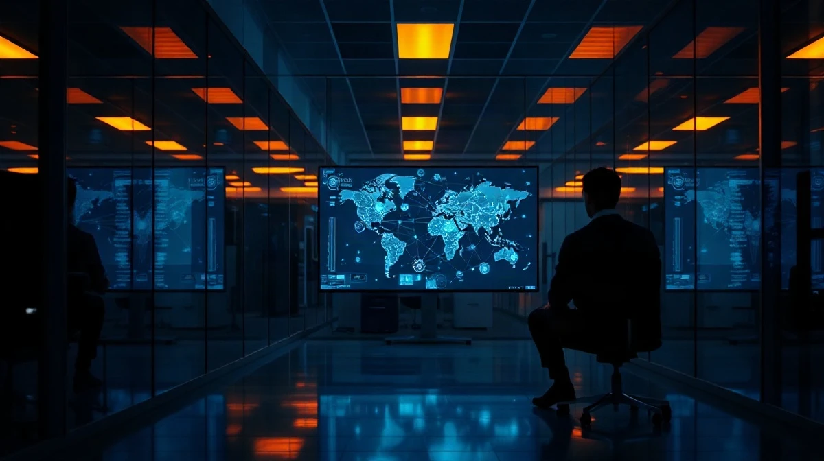A dimly lit cybersecurity lab with an analyst watching a network diagram on a large monitor