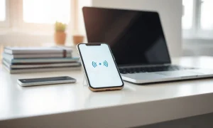 Smartphone and laptop displaying Google's voice AI interface in a bright office setting