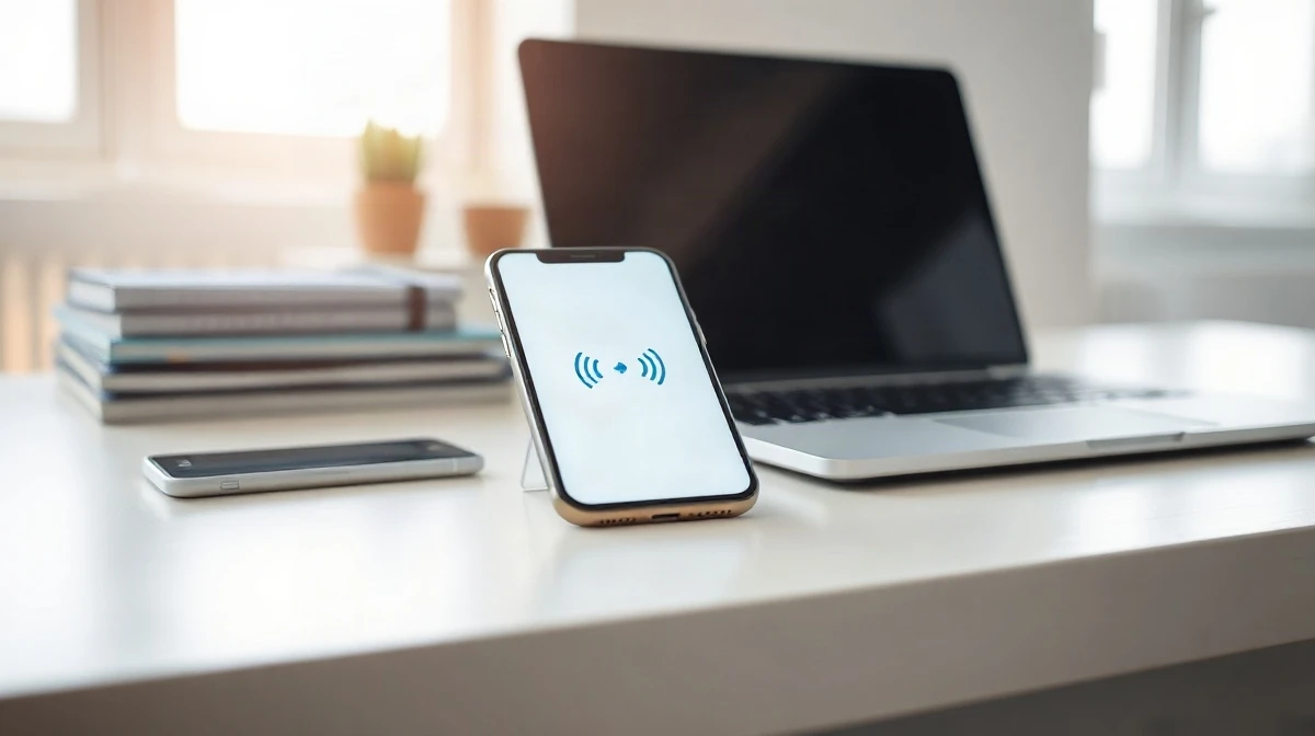 Smartphone and laptop displaying Google's voice AI interface in a bright office setting