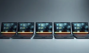 Five open Googlebook laptops in a row, each with a glowing exterior light bar