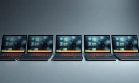 Five open Googlebook laptops in a row, each with a glowing exterior light bar