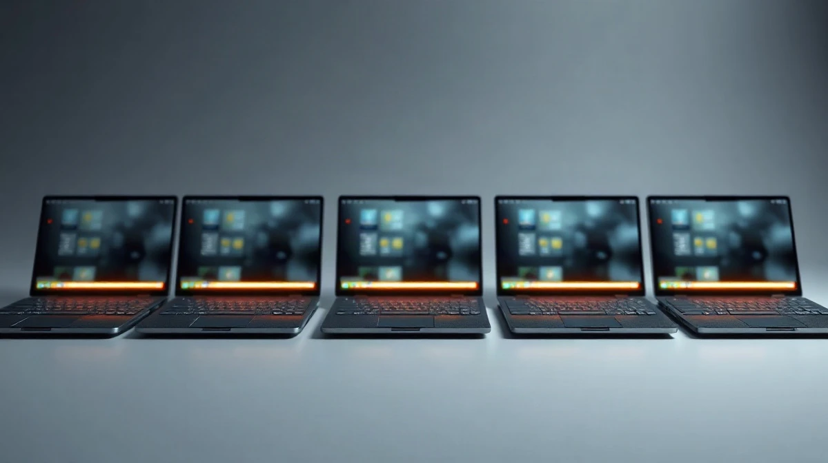 Five open Googlebook laptops in a row, each with a glowing exterior light bar