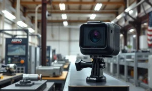 Action camera on a workbench in a modern optical manufacturing facility