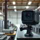 Action camera on a workbench in a modern optical manufacturing facility