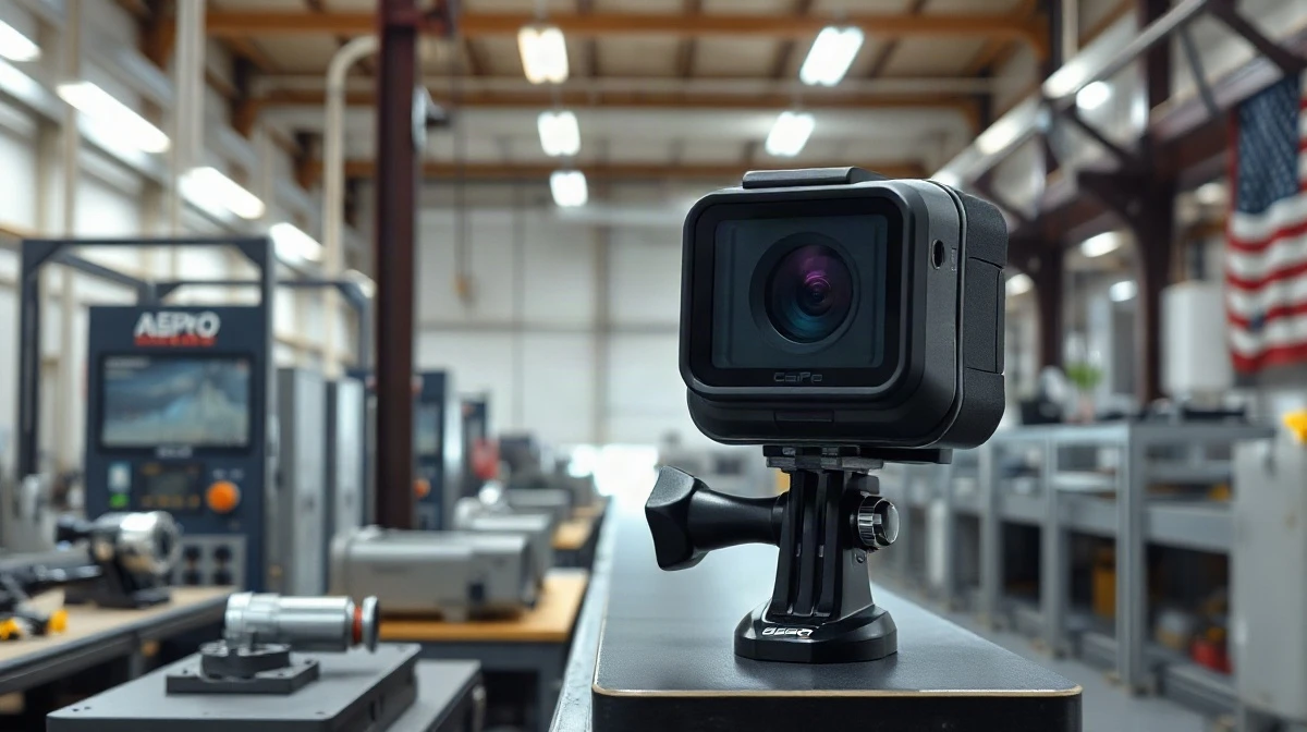 Action camera on a workbench in a modern optical manufacturing facility