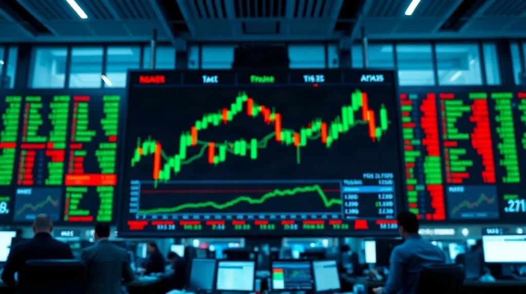 Stock market display board showing index movements on a trading floor