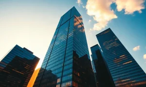 Financial district skyline with digital network overlays representing AI-driven equity market growth