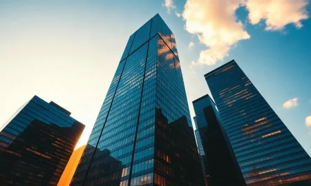Financial district skyline with digital network overlays representing AI-driven equity market growth