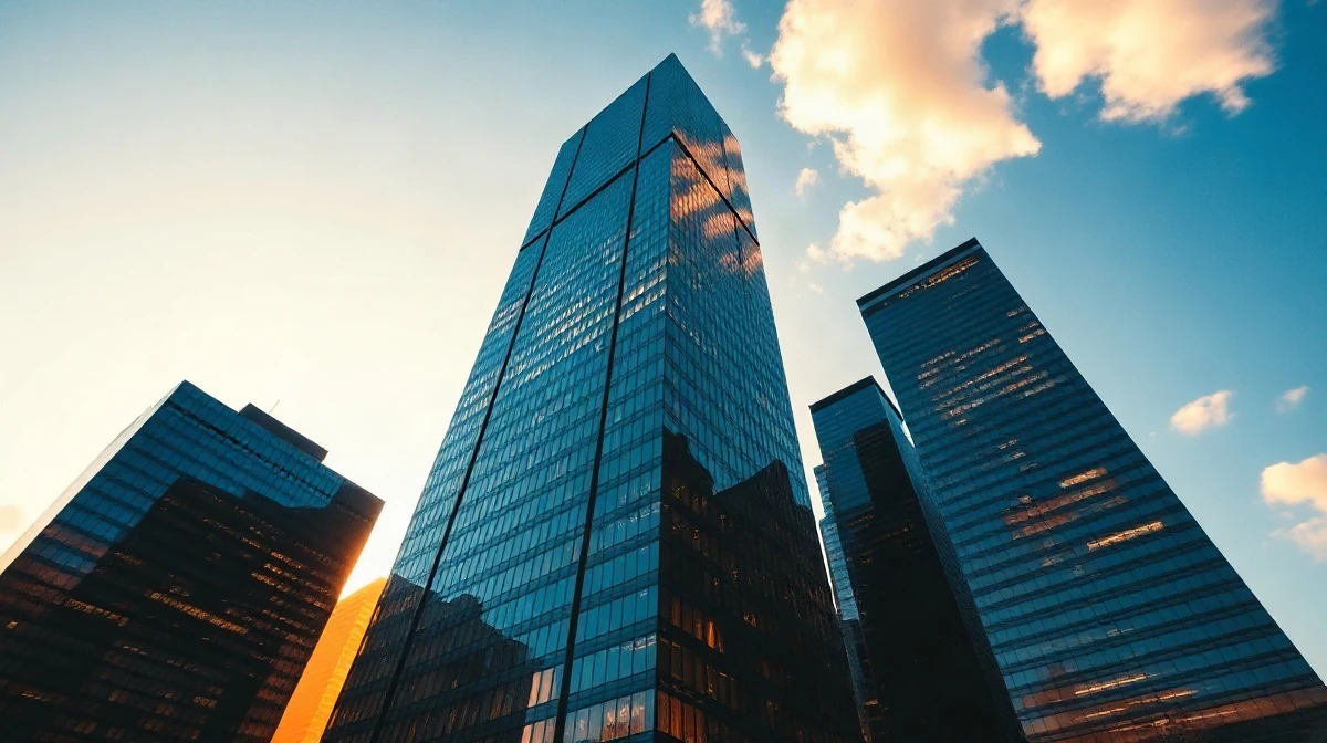 Financial district skyline with digital network overlays representing AI-driven equity market growth