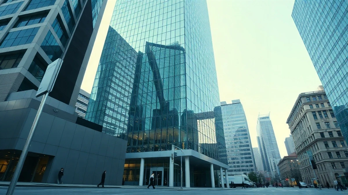 Modern bank headquarters tower in a financial district, where HSBC is winding down its German transaction services business