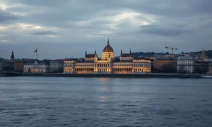Panoramic view of Budapest skyline and Parliament building at dusk