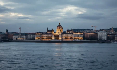 Panoramic view of Budapest skyline and Parliament building at dusk