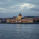Panoramic view of Budapest skyline and Parliament building at dusk