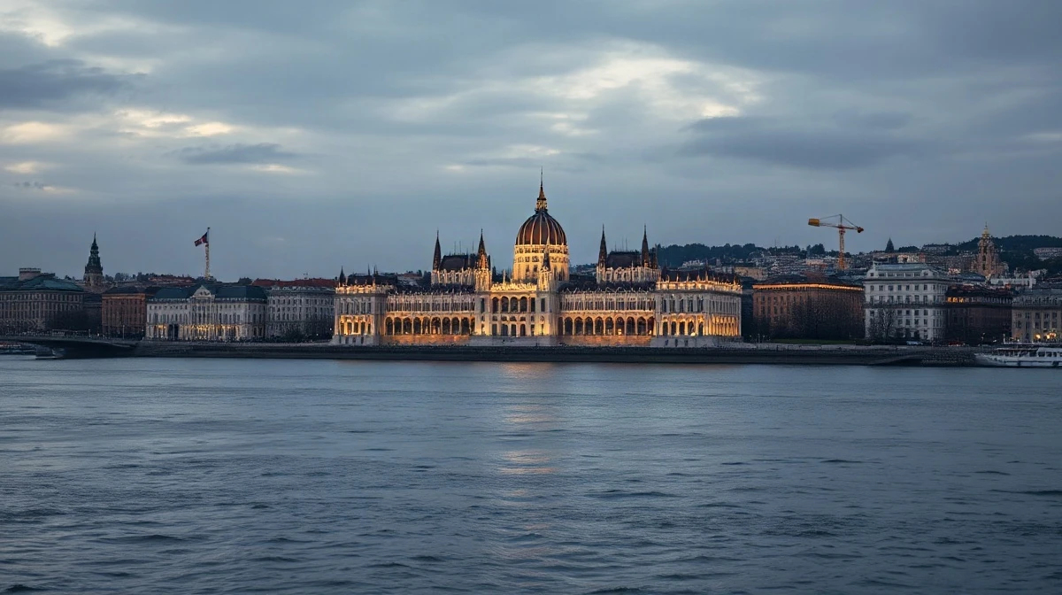 Panoramic view of Budapest skyline and Parliament building at dusk