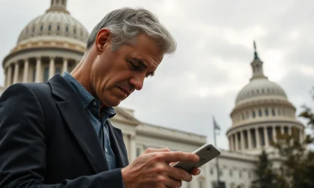 Hunter Biden looking at a smartphone outside a government building after his $LAPTOP meme coin collapsed