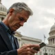 Hunter Biden looking at a smartphone outside a government building after his $LAPTOP meme coin collapsed