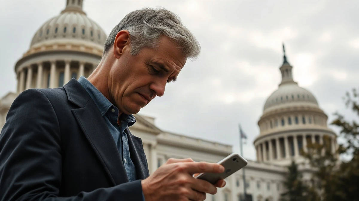 Hunter Biden looking at a smartphone outside a government building after his $LAPTOP meme coin collapsed
