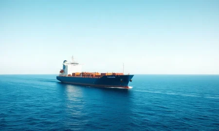 A large cargo ship with a hydrogen injection system retrofit sails on calm ocean waters.