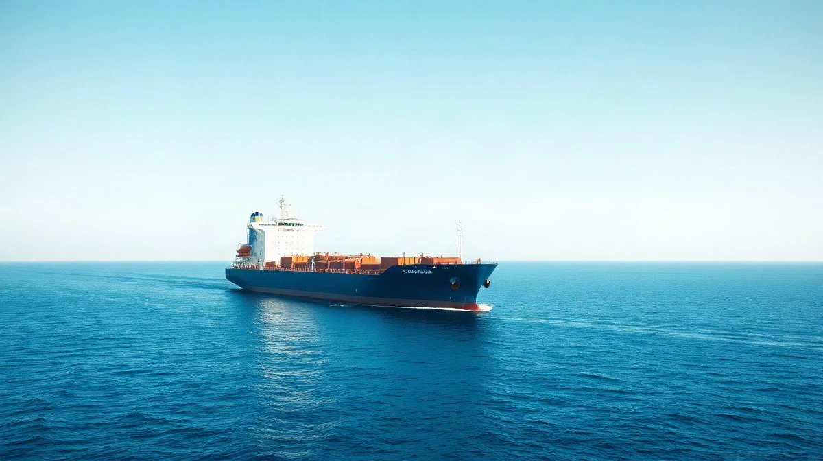 A large cargo ship with a hydrogen injection system retrofit sails on calm ocean waters.