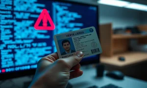 Hand holding a driver's license in front of a computer screen with code, representing the IDScan data breach