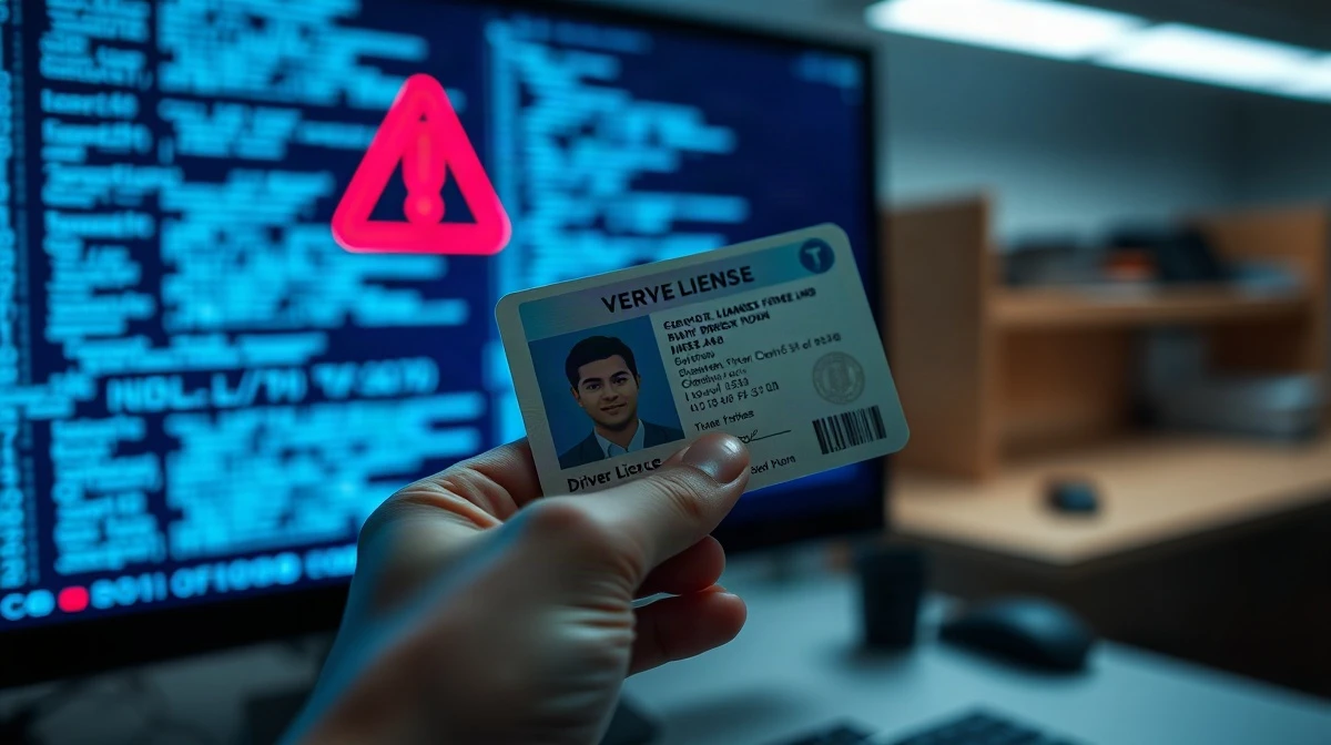 Hand holding a driver's license in front of a computer screen with code, representing the IDScan data breach