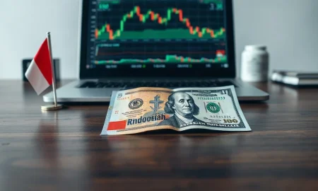 Indonesian rupiah and US dollar banknotes on a desk with a financial chart in the background