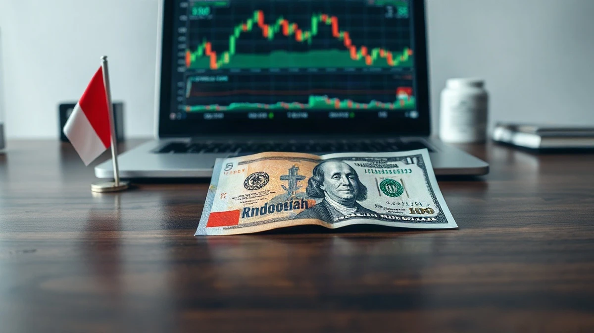 Indonesian rupiah and US dollar banknotes on a desk with a financial chart in the background