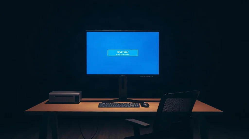 Dark trading office with a monitor showing a blank or error page
