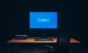 Dark trading office with a monitor showing a blank or error page