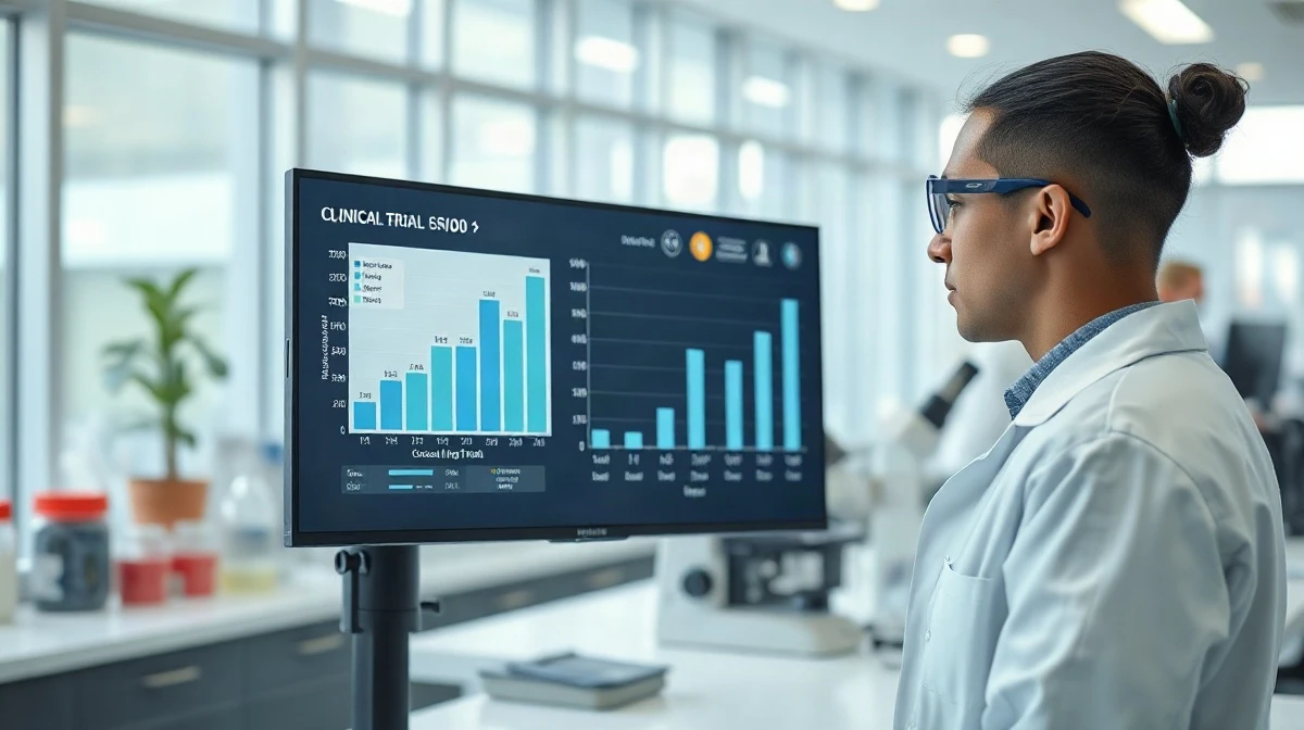 Scientist analyzing clinical trial data in a modern laboratory, representing Jazz Pharmaceuticals' Ziihera study.