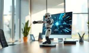 Robot arm and computer monitor in a modern Indian startup office, representing Krafton's tech investments