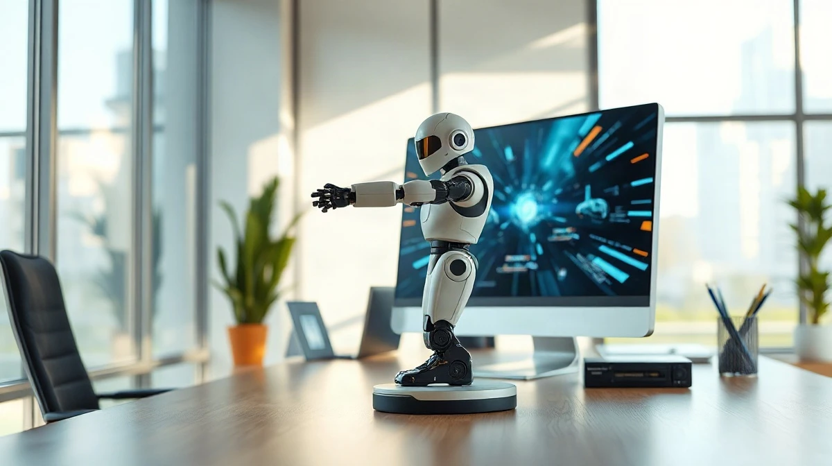 Robot arm and computer monitor in a modern Indian startup office, representing Krafton's tech investments