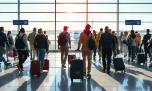 Travelers with luggage walk through a bright airport terminal as Labor Day holiday travel costs rise.
