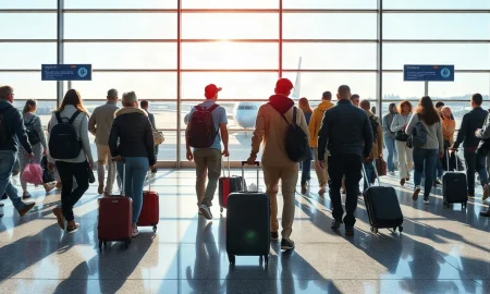 Travelers with luggage walk through a bright airport terminal as Labor Day holiday travel costs rise.