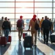 Travelers with luggage walk through a bright airport terminal as Labor Day holiday travel costs rise.