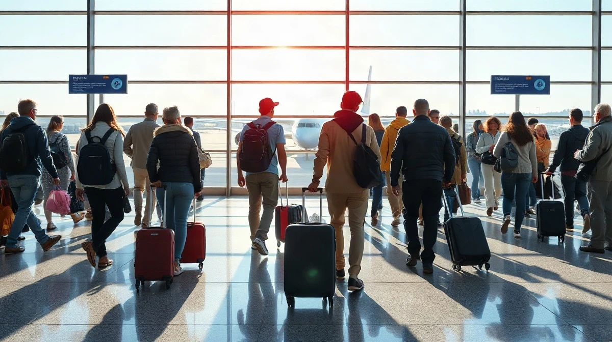 Travelers with luggage walk through a bright airport terminal as Labor Day holiday travel costs rise.