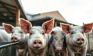 Hogs in a commercial farm pen with natural lighting, representing the lean hog futures market.